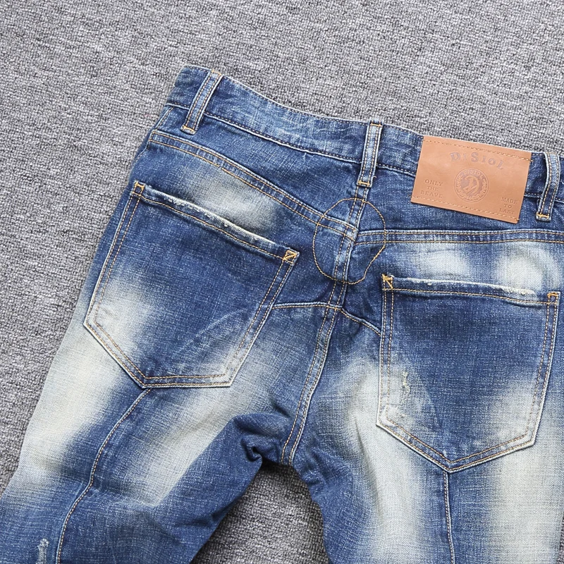 Fashion Spliced Designer Men Jeans Retro Blue Stretch Slim Fit Ripped Biker Jeans Homme Street Hip Hop Pants Men Hole Trousers