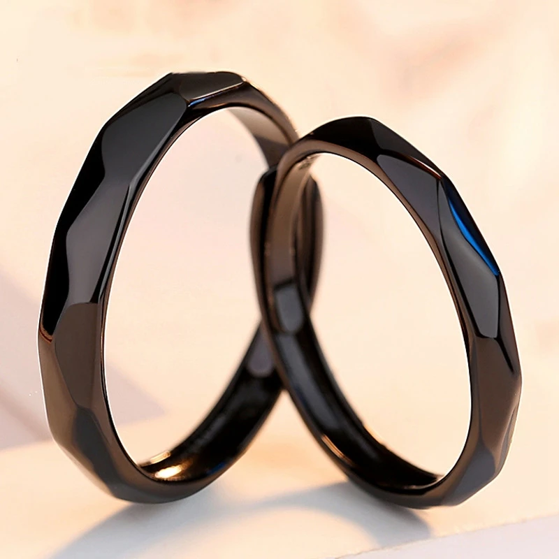 

Pure 925 Sterling Silver Ring Black Geometric Couple Rings For Lovers Women Men Wedding Adjustable Anillos Jewelry Accessories