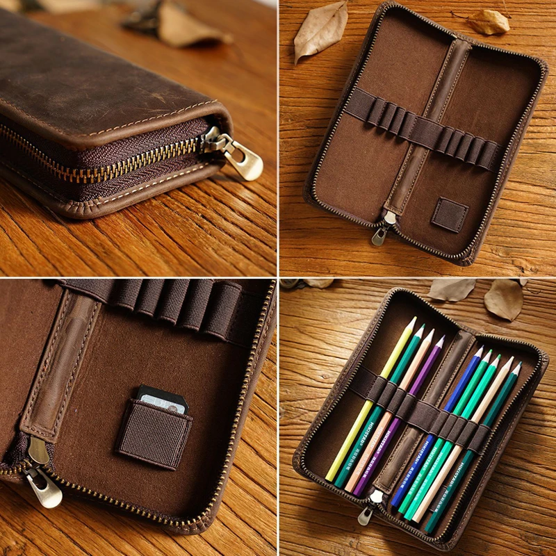 

Retro Cowhide Pencilcase Nature Genuine Leather Pen Holder Storage Bag Zipper Pencil Case Stationery School Office Supplies