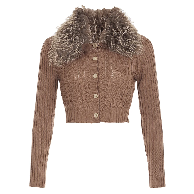 HEYounGIRL Y2K коричневый укороченный свитер на пуговицах со съемным меховым