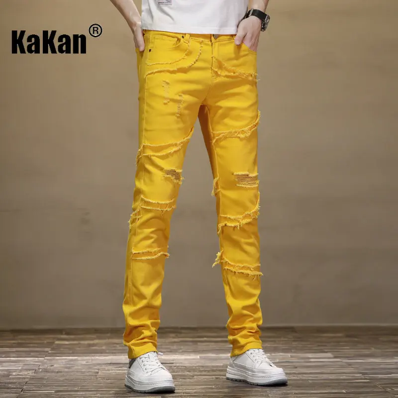 Kakan - New Patchwork Distressed Fluorescent Yellow Jeans for Men, Casual Slim Fitting Trend Small Leg Long Jeans K19-9330