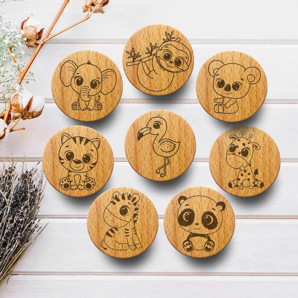 

New Engraved Cute Animal Wooden Drawer Knob Boho Nursery Cabinet Pulls Nature Wood Clothes Wall Hangings Hooks Furniture Handle