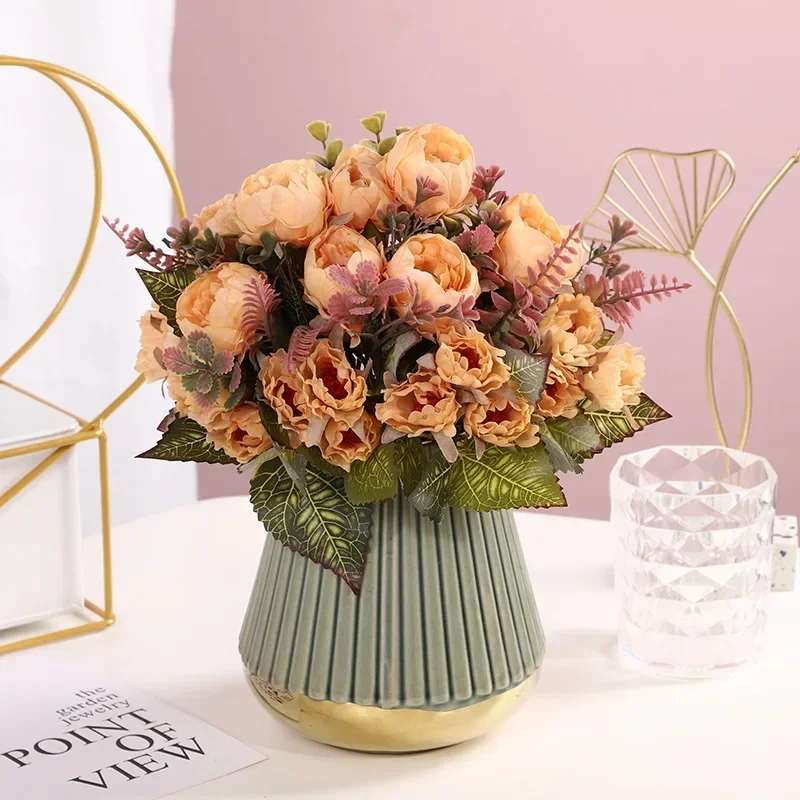 

Valentine's Day Gift Artificial Peony Bouquet Silk Fake Flowers Garden Decoration Green Plant Imitation Flower Champagne Peonies