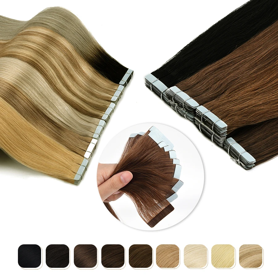 K.S WIGS Remy Tape In Human Hair Extensions Real Natural Hair Double Drawn Skin Weft Thick Ends Adhesive Extensions16''-24''