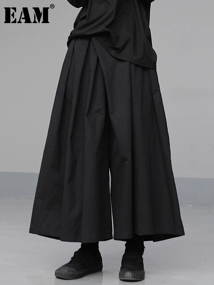 

[EAM] черные облегающие длинные широкие брюки с высокой эластичной резинкой на талии, новые свободные женские брюки, модные весенне-осенние ...