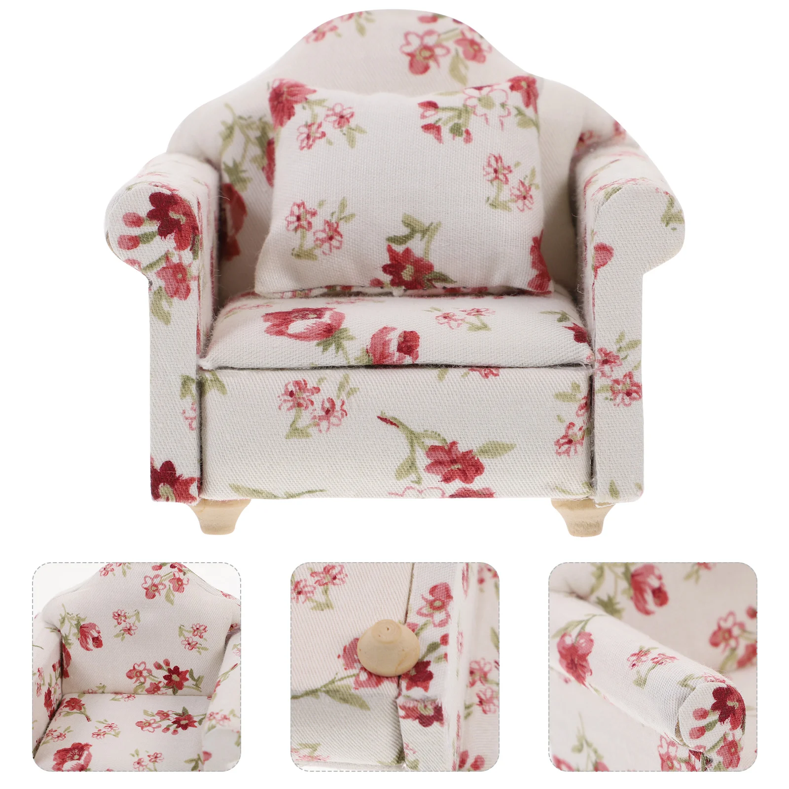 

Miniature Sofa 1: 12 Wooden Sofa Simulation Arm Chair Model Loveseat with Throw Pillow for House Pretend Play Living Room