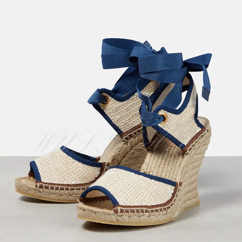 

Blue Strappy Espadarille Wedge Sandals Women's Pink Embroidery Apricot Casual Heels Peep Toe Bow Hollow Winding Slingback Shoes