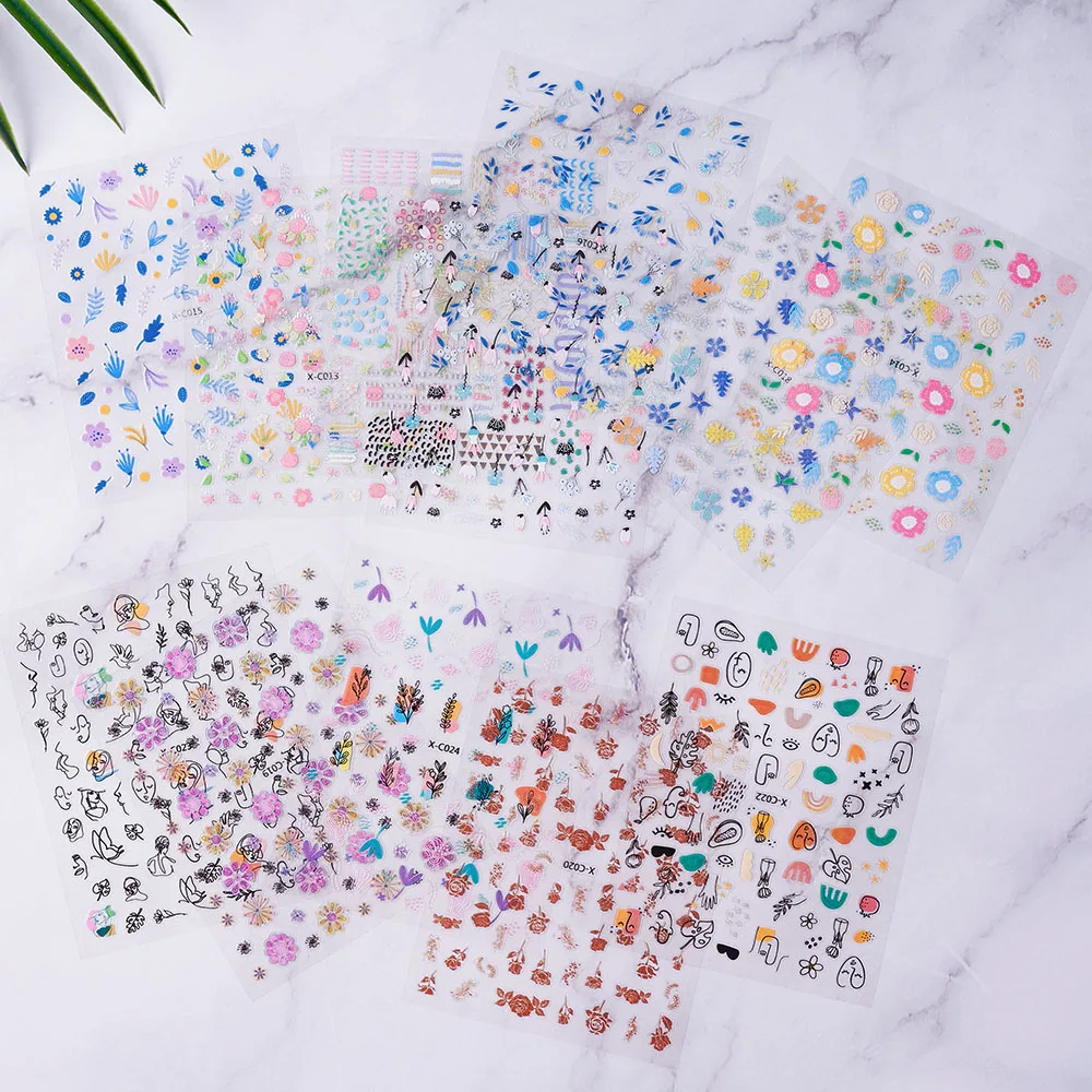 

12 Sheets Graffiti Fun Nail Art Stickers Decal 3D Self-Adhesive Abstract Face Curve Nail Decoration Design For DIY Nail Applique