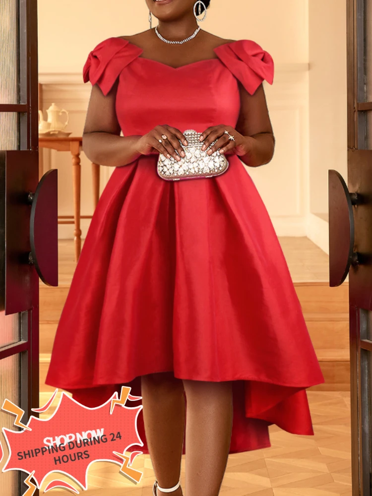 

Elegant Evening Dresses for Women 2023 Party Pleated Red Shiny Bow Irregular High Low Birthday Female Formal Big Size XL African