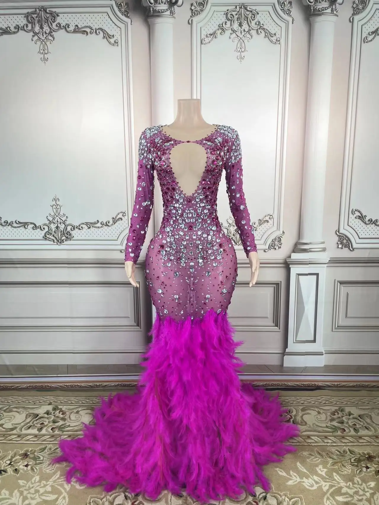 Sexy Transparent Celebrate Evening Prom Gown Birthday Dress for Women Sparkly Rhinestones Feather Dress Festival Outfit