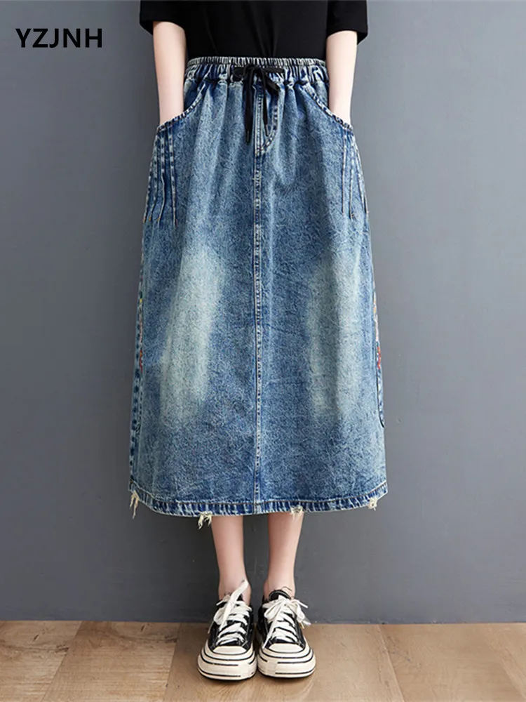 

2023 Spring/Summer New Art Retro Embroidery Elastic Waist Denim Skirt Women's Large