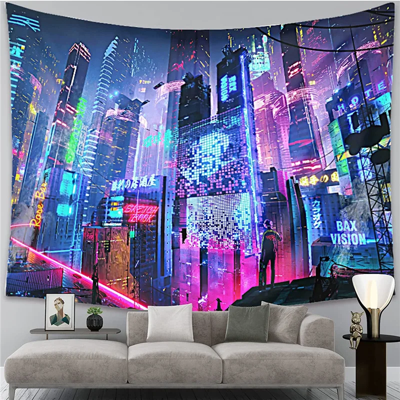 

Cyberpunk Neo Futuristic Poster Tapestry Psychedelic Fantasy City Cyberspace Neon &quot Art Game Room Tapestry