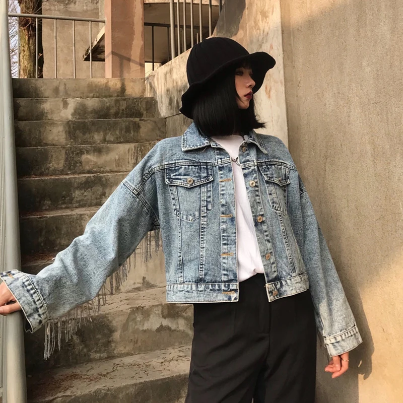 Куртка женская джинсовая оверсайз с длинным рукавом винтажная уличная одежда