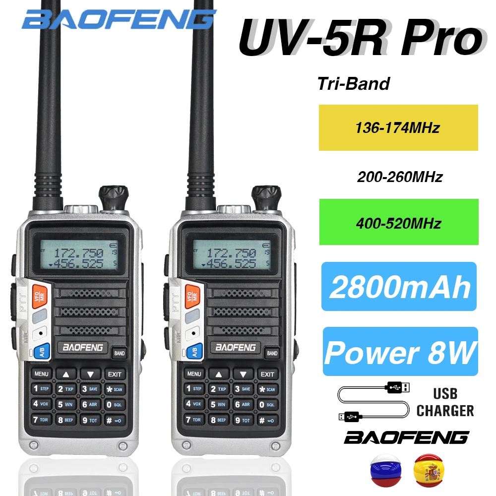 2Pcs Baofeng Long Range Walkie Talkie UV-5R Pro Real 8W Professional Tri Band Two Way Radio USB Fast Charge Amateur CB Ham Radio