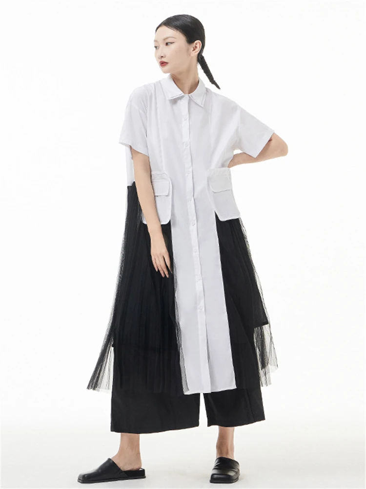 

Fashion Spliced Mesh Japan Style Streetwear Long Shirt Dress 2022 Summer Women Short Sleeve Loose Casual Gothic Dresses 0392