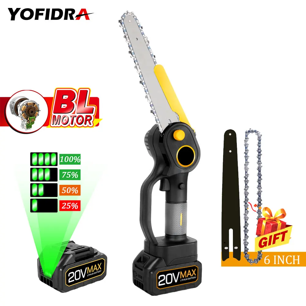Yofidra 8 inch Brushless Electric Saw with 2 Lithium Batteries Handheld Garden Logging Chainaw Woodworking Cutting Power Tool