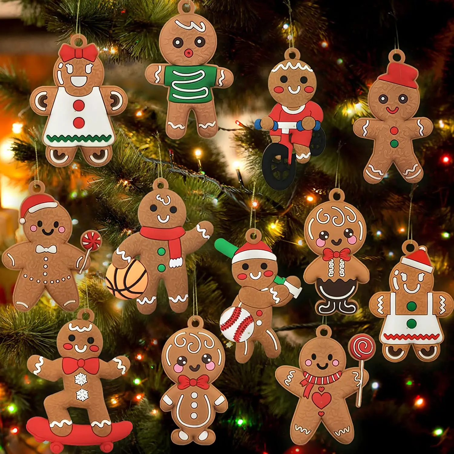 Twelve gingerbread men decorate Christmas tree figurines hanging 3 inches high