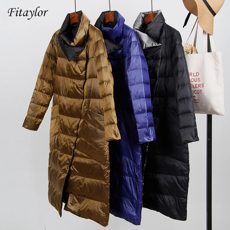 

Fitaylor White Duck Down Ultra Light Jacket Women Winter Double Sided Slim Down Coat Single Breasted Parkas