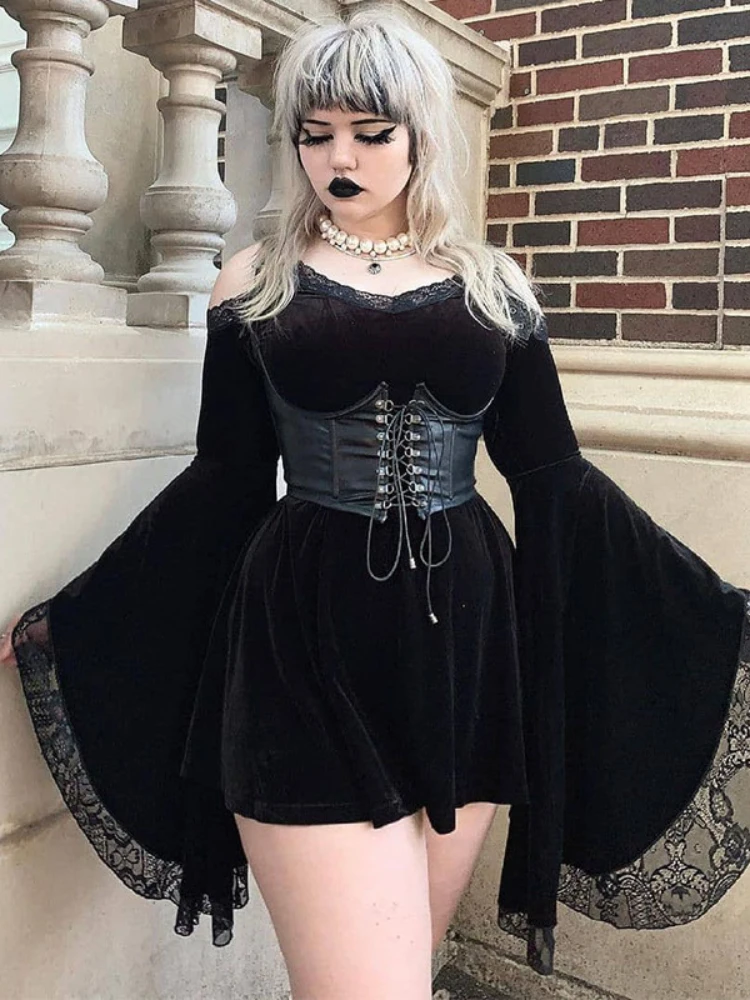 

Goth Sexy Flare Sleeve Black Dress Y2K Harajuku High Waist A Line Mini Dresses Off Shoulder Punk Halloween Autumn Dress