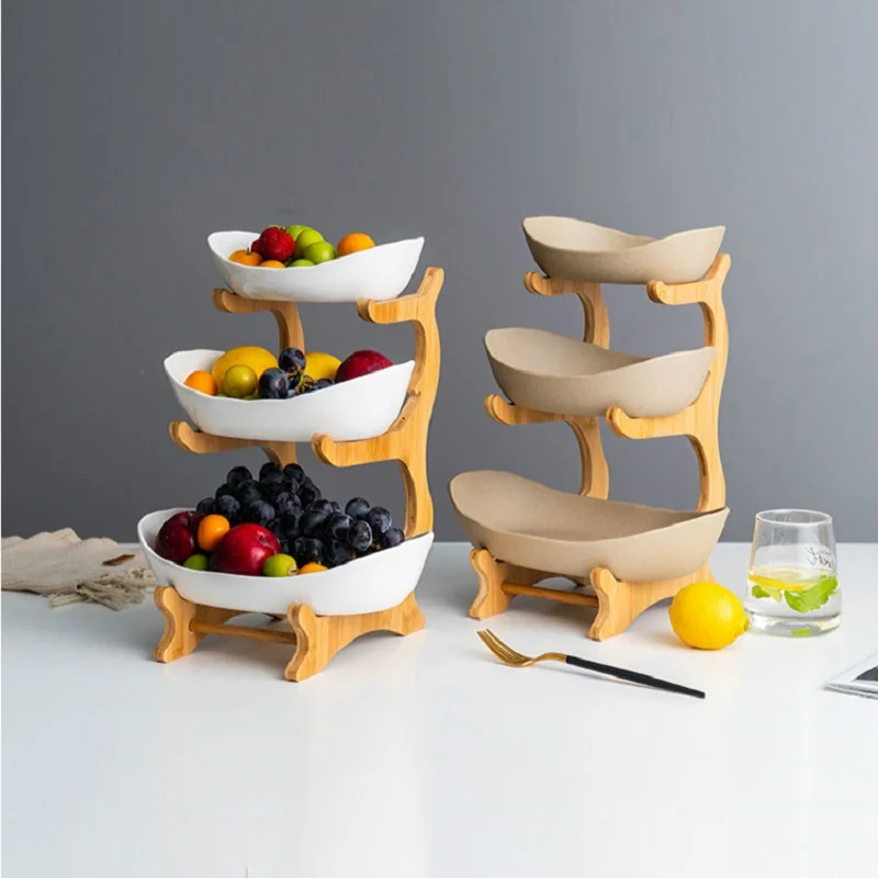 

Three-layer Plastic Fruit Plate Living Room Kitchen Fruit Dishes Candy Cake Stand Wooden Partitioned Dish Storage Container