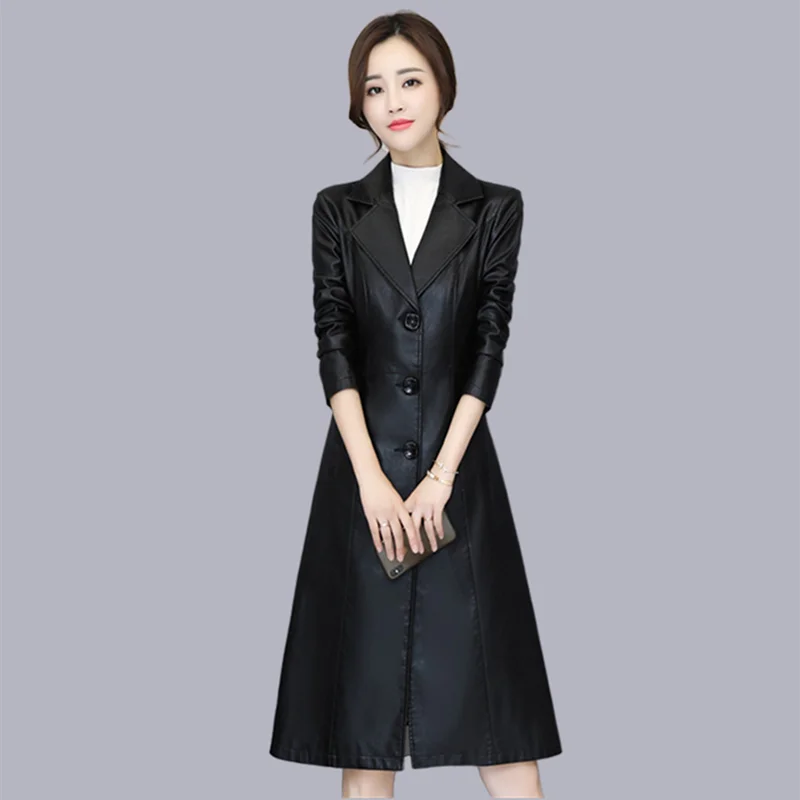 Woman Leather Jackets 2023 High-quality Spring Women's Long-sleeved Long Section Slim Temperament PU Leather Trench Coat