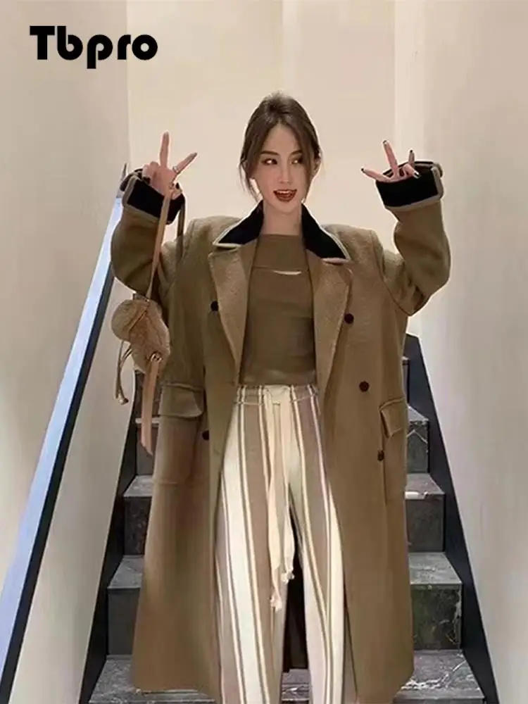 

Brown Thickened Cotton Straight Long Coat Women's Lapel Double Breasted Overcoat Autumn Winter Loose Temperament Commuting Wear
