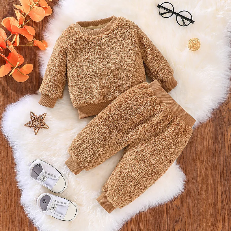 

2022 Winter Children Sets Long Sleeve O Neck Plush Fleece Brown Cute 2Pcs Roupa Infantil Menina Clothes Sets 0-3T
