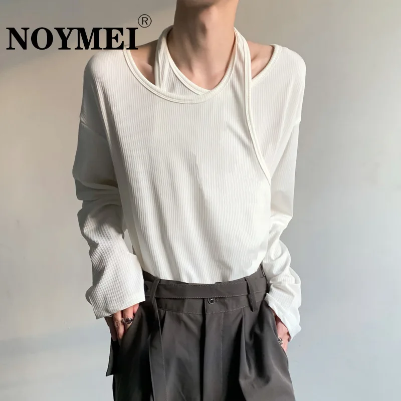

NOYMEI Niche Abstinence Fake Two Piece T-shirt Spring Men Loose Double Layer Neckline Design Long Sleeve Korean Style Top WA1837