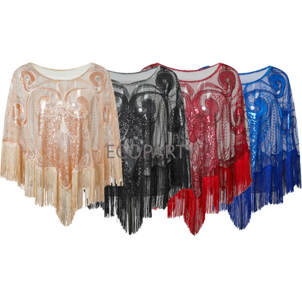 

Винтажное вечернее платье с блестками и кисточками 20-го века, свободная большая сетчатая накидка, блестящий пуловер с вышивкой, Свадебный женский шарф