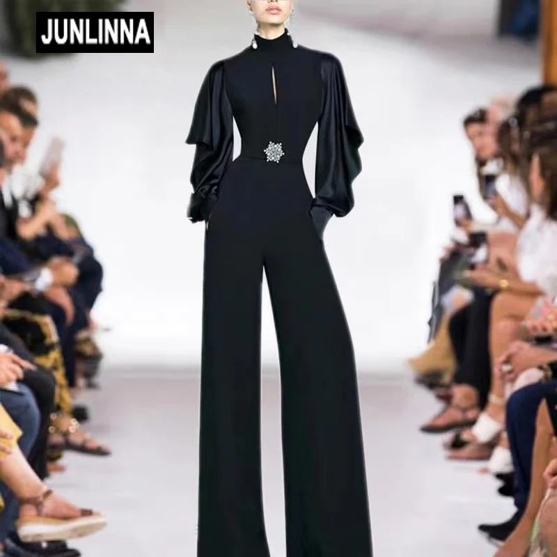 JUNLINNA Runway Fashion Women Jumpsuits & Rompers Spring Autumn Black Colour Stand Collar Lantern Sleeve High Street  Bodysuit