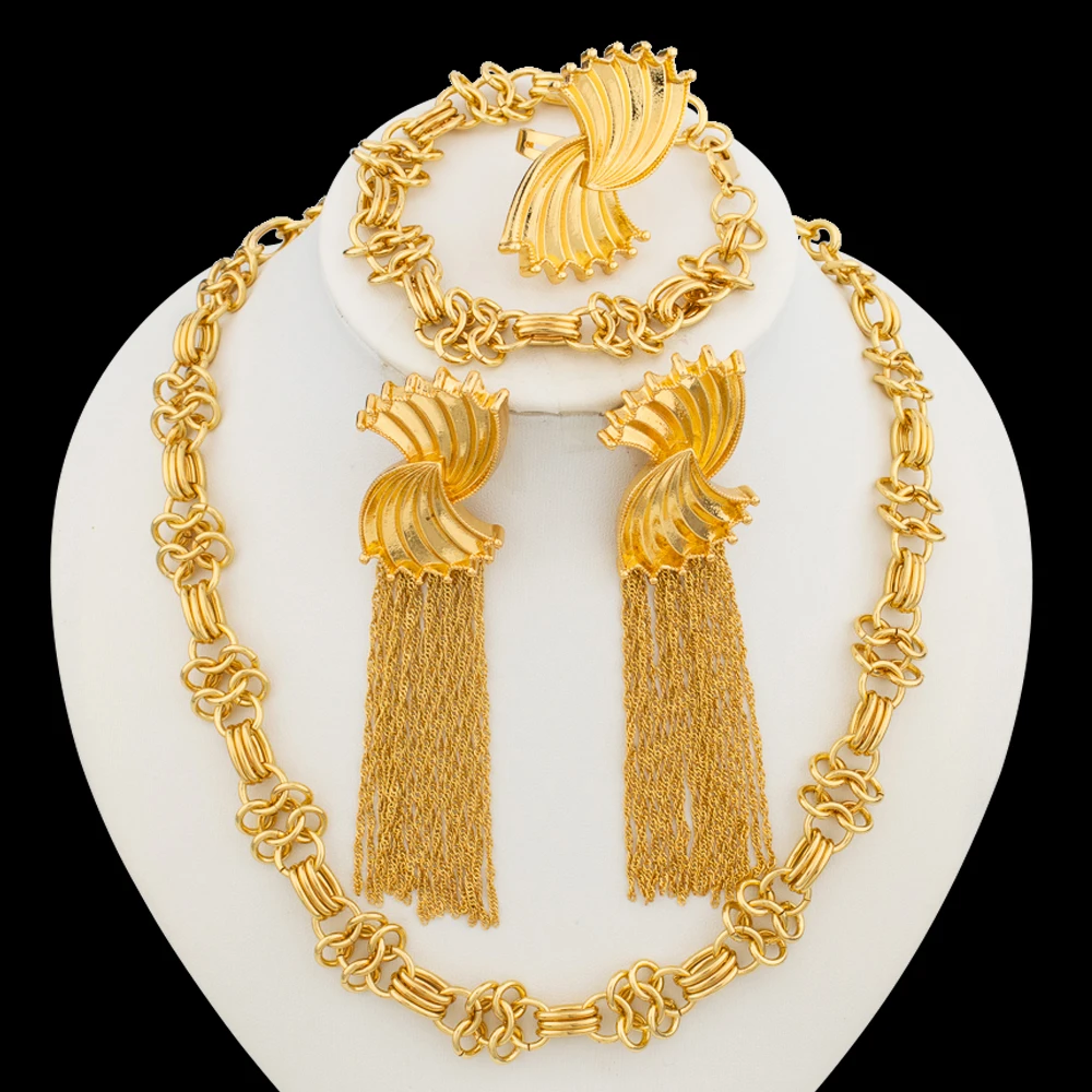 Exquisite Gold Color Jewelry Set for Women Bohemia Weddings Necklace with Earrings Bangle Ring 4Pcs Set for Bridal Party Jewelry