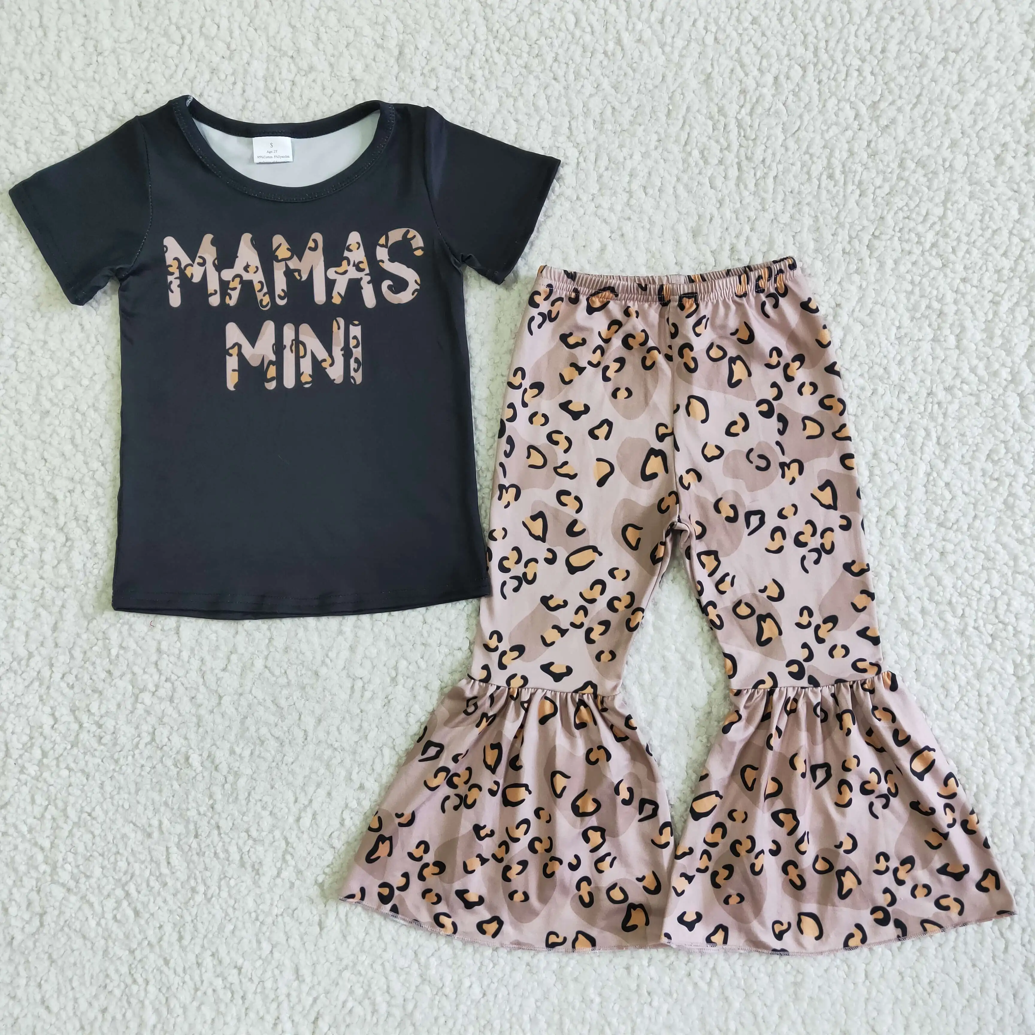 

spring kids clothing child clothes baby two piece outfit children black short sleeve top and leopard bell bottom pant outfit