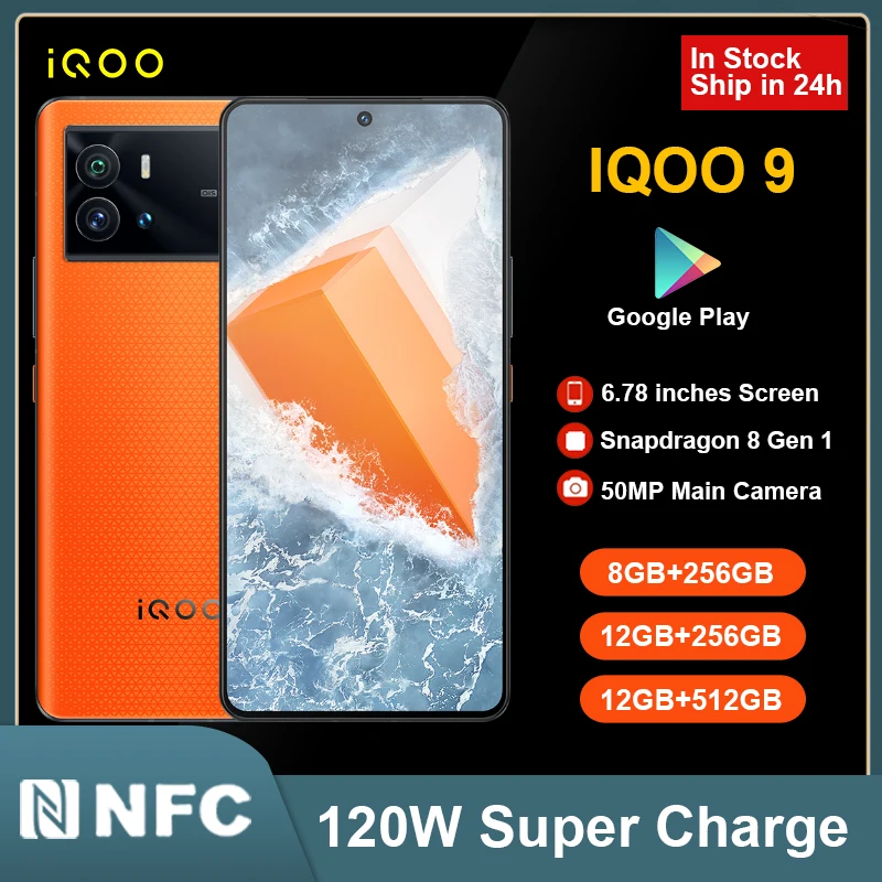 vivo iQOO 9 5G Mobile Phone Snapdragon 8 Gen 1 Smartphone 120Hz 6.78 AMOLED Android 12 Fast Charging 120W NFC Cellphone
