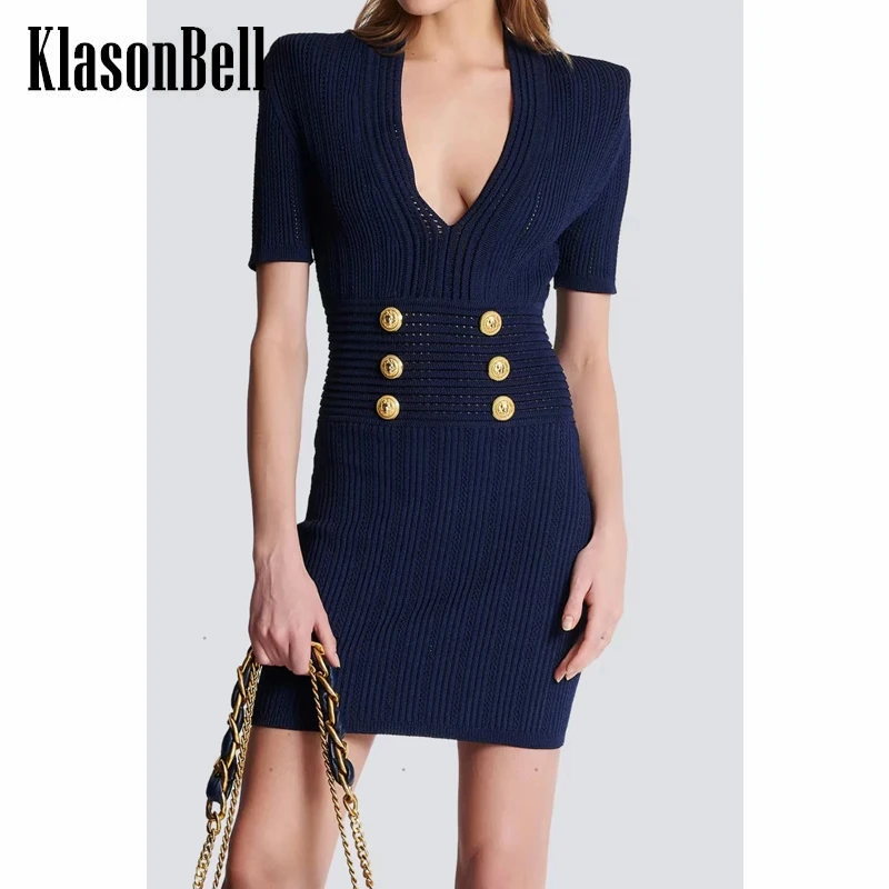 7.12 KlasonBell Fashion V-Neck Short Sleeve Gold Button Decoration Slim Hollow Out Knitted Mini Dress Women