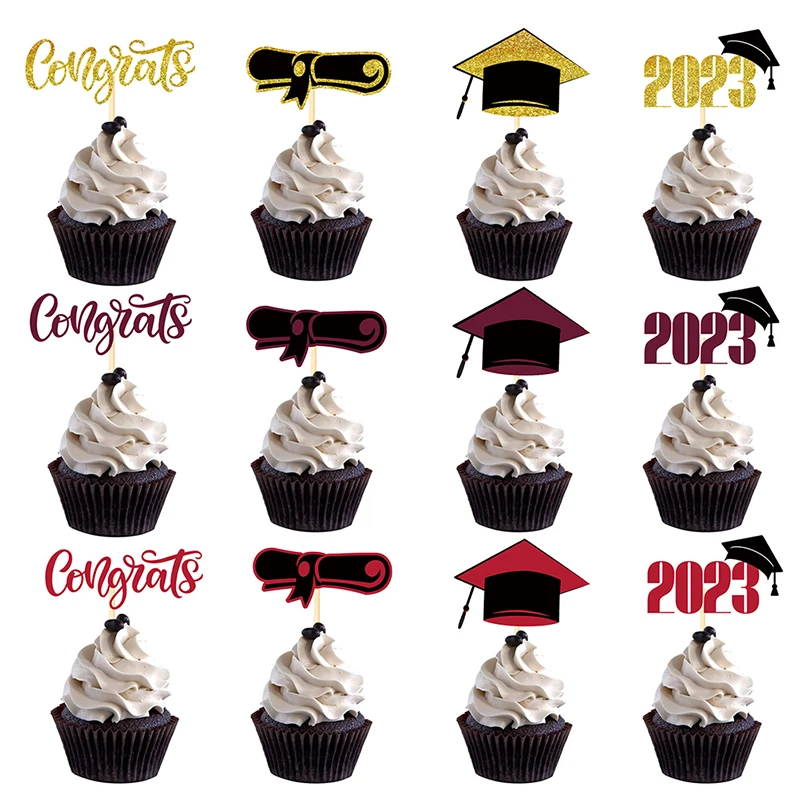 

16pcs Bachelor Cap Cupcake Topper Congrasts Grad Paper Cake Toppers Congratulation Class of 2023 Graduate Party Cake Decoration
