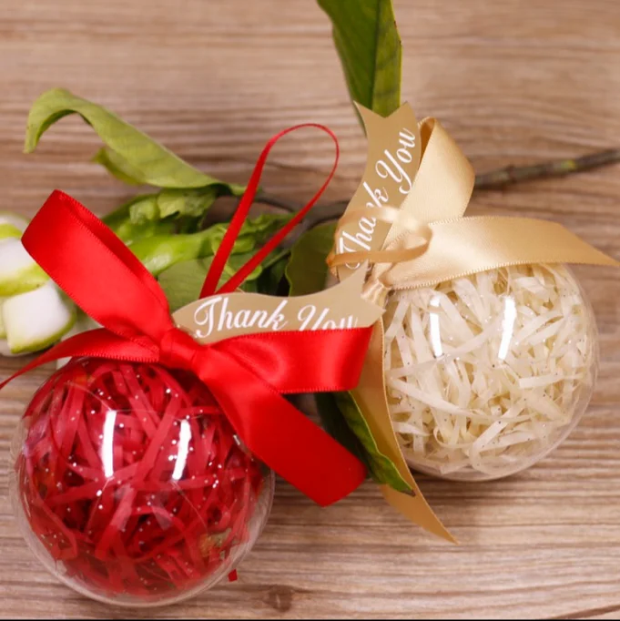 

30 pcs Pink Red Gold Blue Clear Round Ball Plastic Wedding Favors Candy Boxes Party Gift Box With Ribbons & Tags