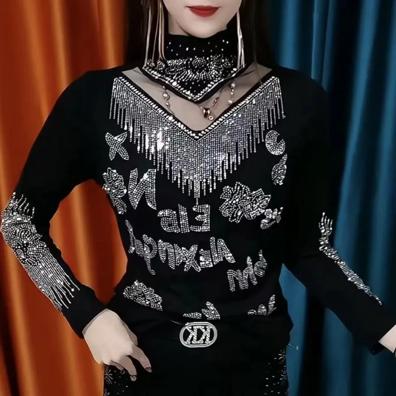 Женская однотонная футболка с длинными рукавами и воротником-стойкой со