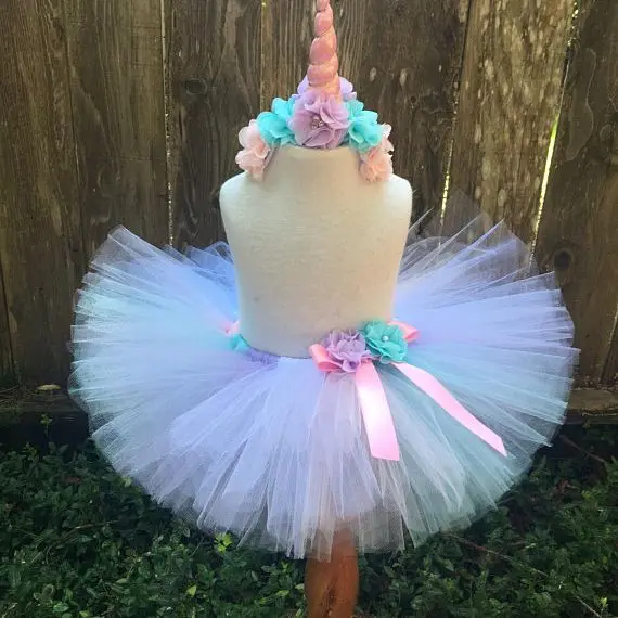 

Girls Pastel Unicorn Flower Tutu Skirts Kids Ballet Tulle Pettiskirt Underskirt with Ribbon Bow and Hairbow Children Party Cloth
