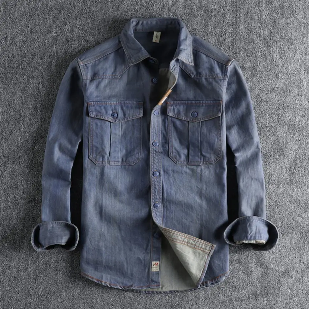 

Work clothes large pocket Vintage washed old long sleeved shirt men's loose fit autumn and winter daily versatile youth shirt
