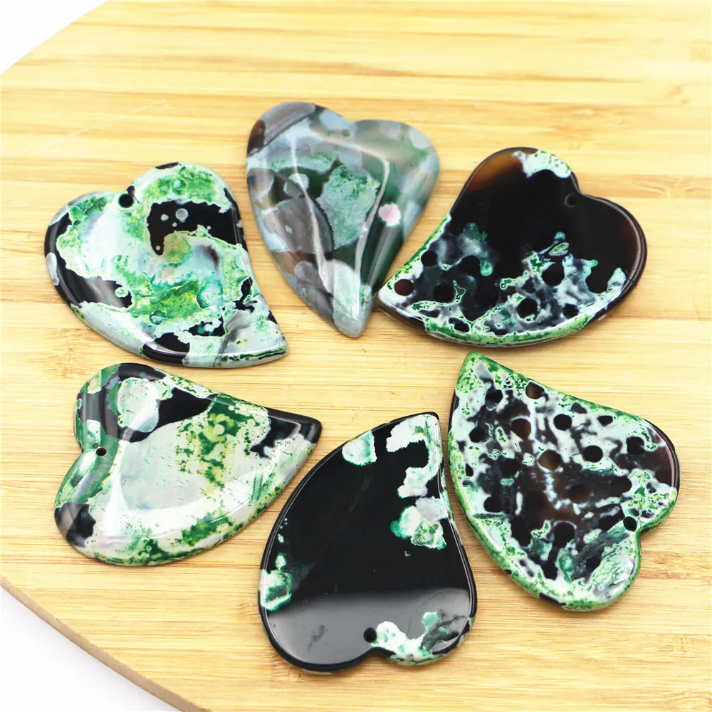 Natural Stone Agated Slice Pendant Charm Crook Heart Shape Reiki for Fashion Jewelry Making Necklace  Accessories 6PCS Wholesale