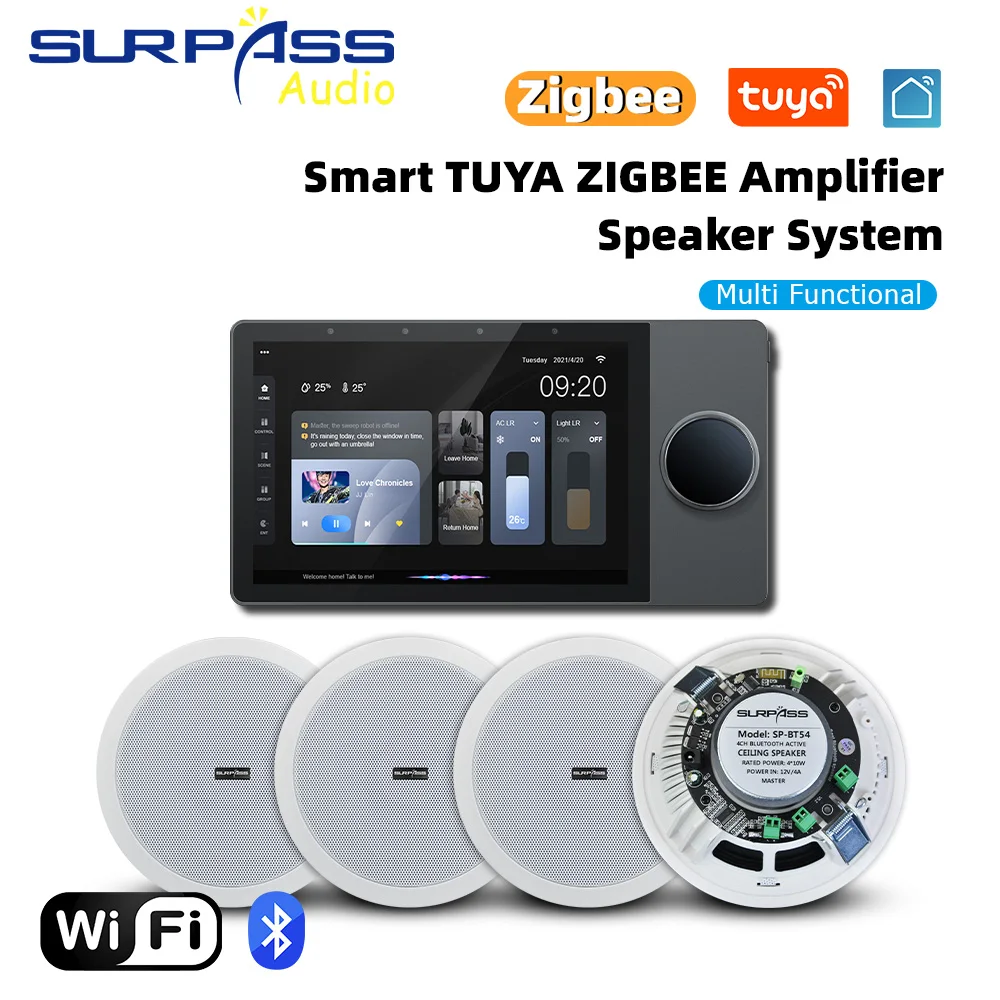 8Inch Android 8.1System WiFi Audio Amplifier BT Music Panel HiFi Support TUYA ZIGBEE with Ceiling Speaker PA System Kit for Home