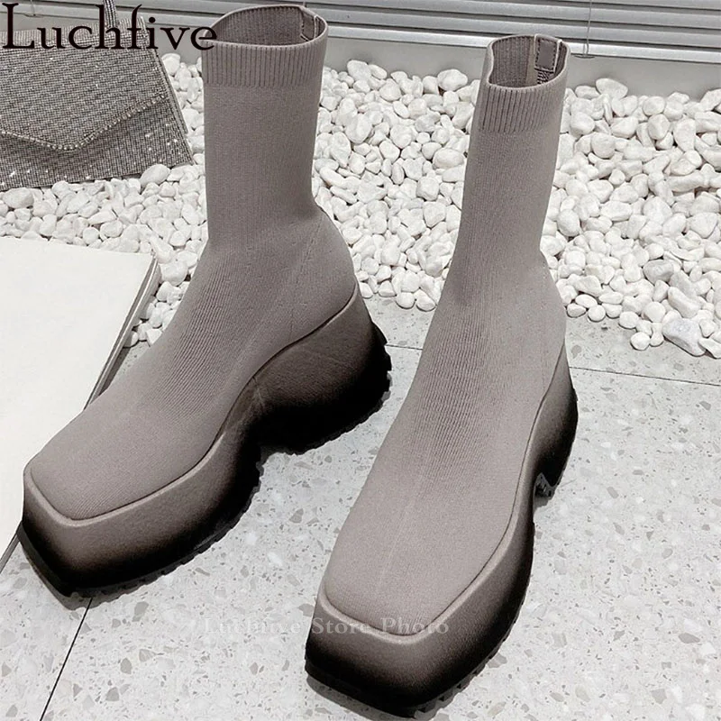 

New Luxury Elastic Sock Boots Women Thick Sole Brand Ankle Boots Platform Punk Boots Autumn Winter High top Knitted Flat Shoes