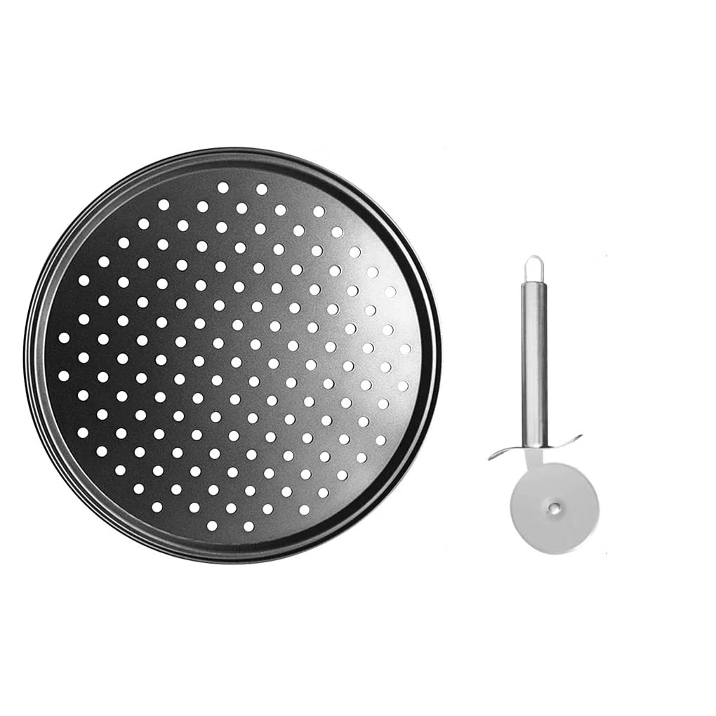 

Pizza Baking Trays Set Oven Grill Rack Pan 12 Inches 2Pcs Non Stick Serving Plates with Pizza Slicer Wheel kitchen diy tool