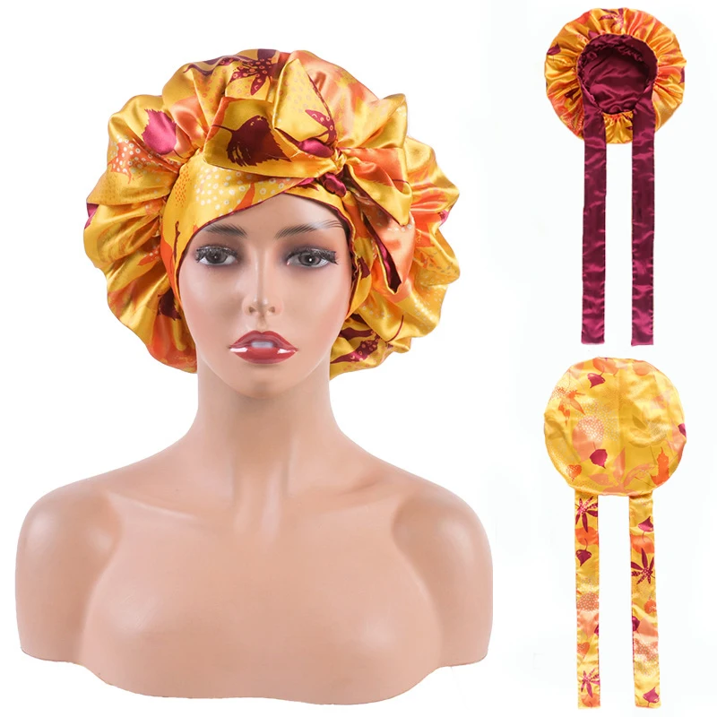 

African Pattern Print Satin Bonnet Women Double Layer Long Ribbon Night Sleep Cap Extra Large Wide Stretchy Band Adjuestable Hat