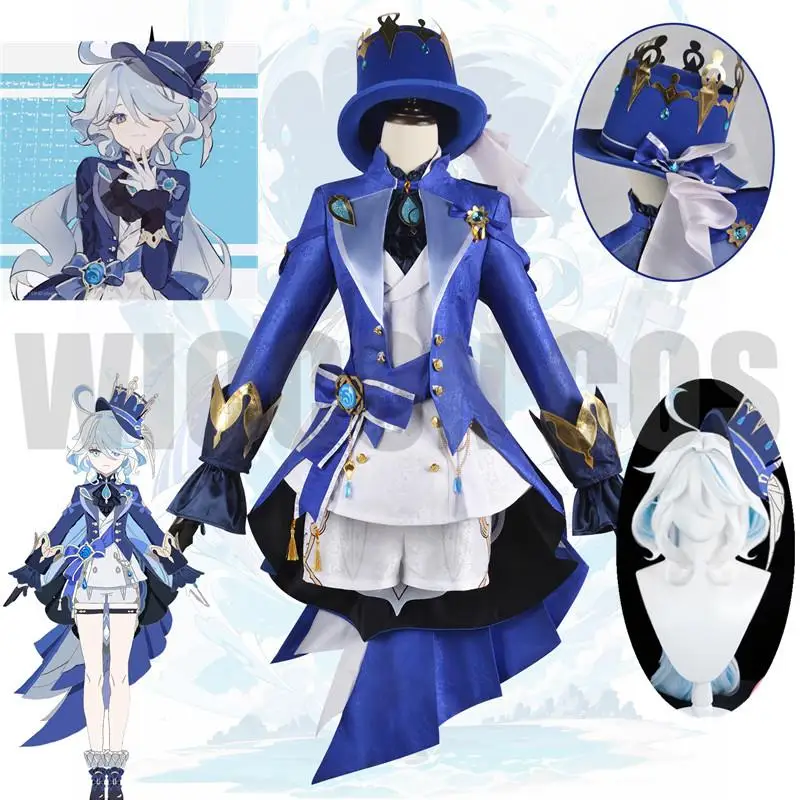 

Focalors Cosplay Costume Curly Wig Game Genshin Impact Fontaine God of Justice Blue Uniform Vision Hat Hydro Bracelet Necklace