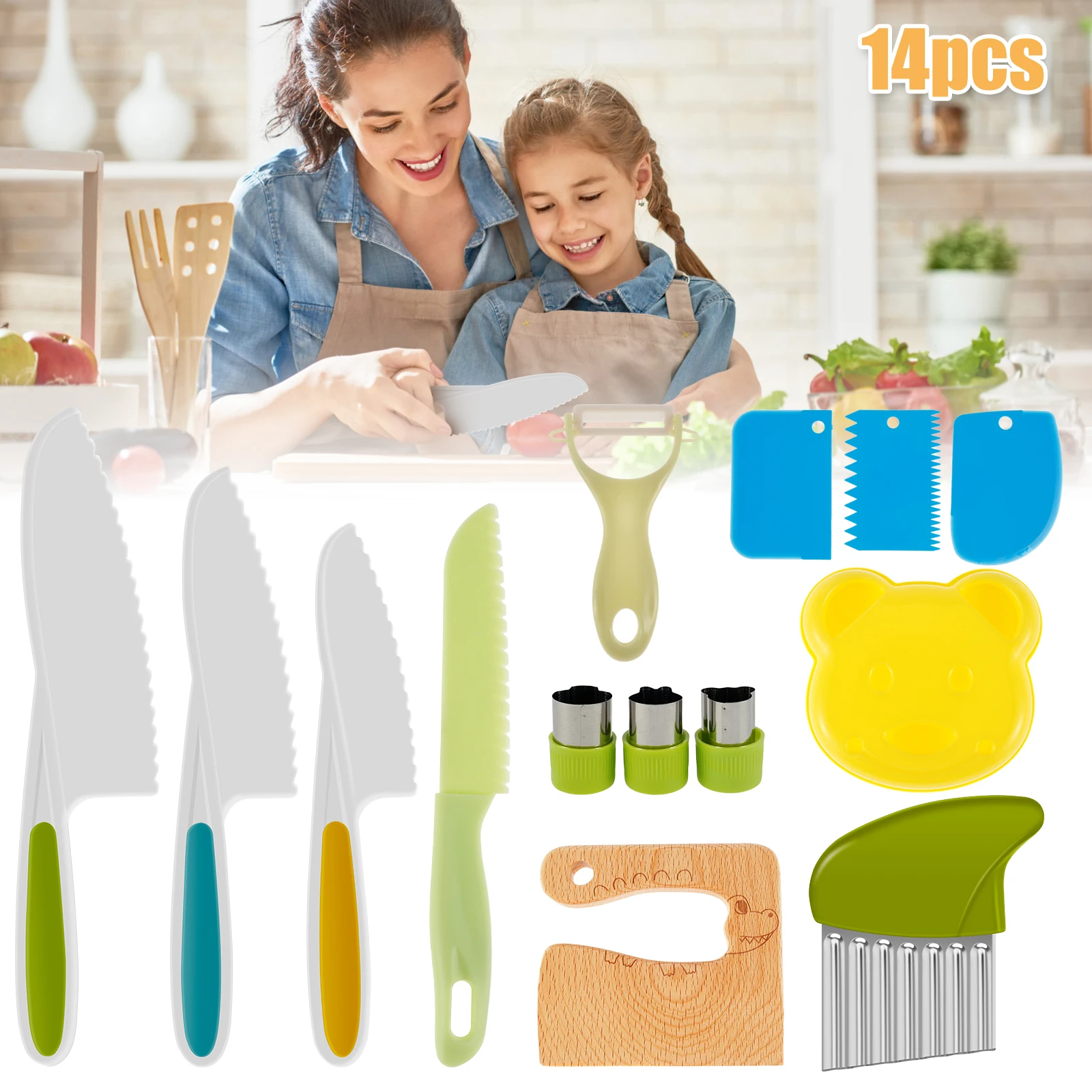 

14 Pcs Wooden Kids Kitchen Cutter Set Include Wood Toddler Safe Cutters Potato Slicers Grater and Serrated Edges Cutters Durable