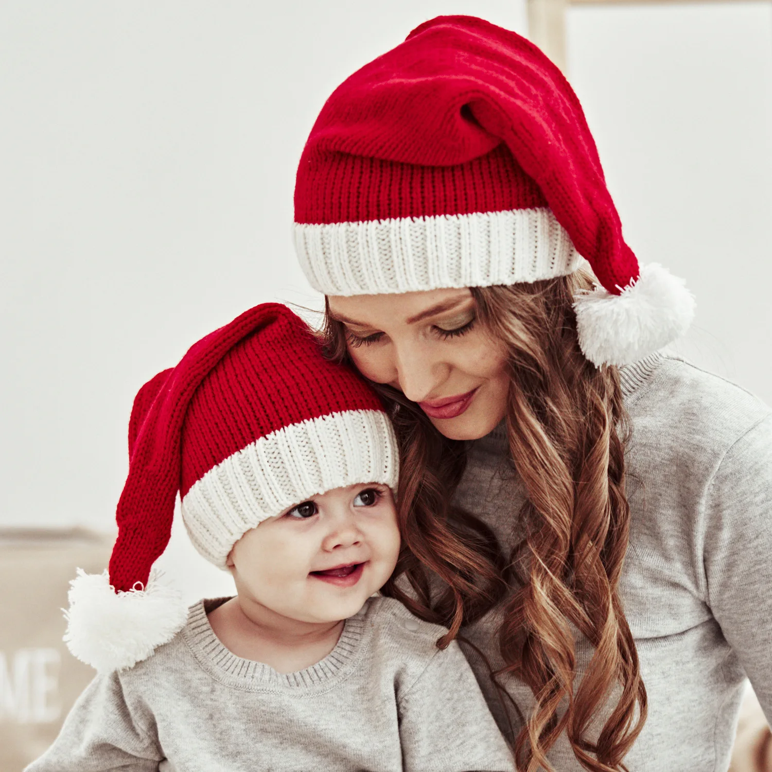 

Autumn Winter Mother Kids Christmas Hat Furry Ball Cute Red Knitted Hats For Baby Parent-Child Bonnets Needle Weaving Warm Cap