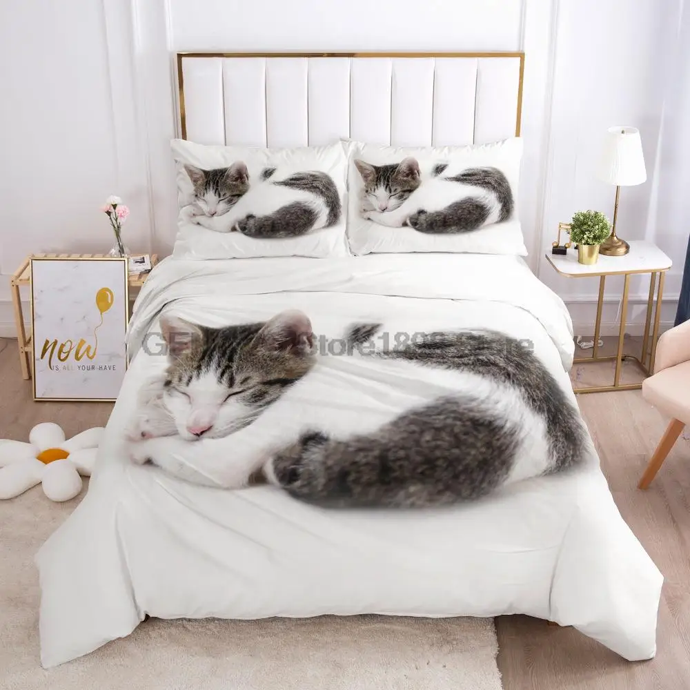 

Pet Dog Cat Design 3D Bedding Sets White Duvet Quilt Cover Set Comforter Bed Linen Pillowcase King Queen 140*210cm Size Dogs