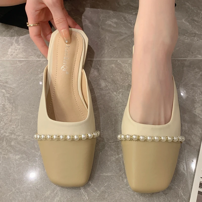 

Шлепанцы женские с бусинами, повседневные сандалии на плоской подошве, Нескользящие, дизайнерские, для дома, лето 2023