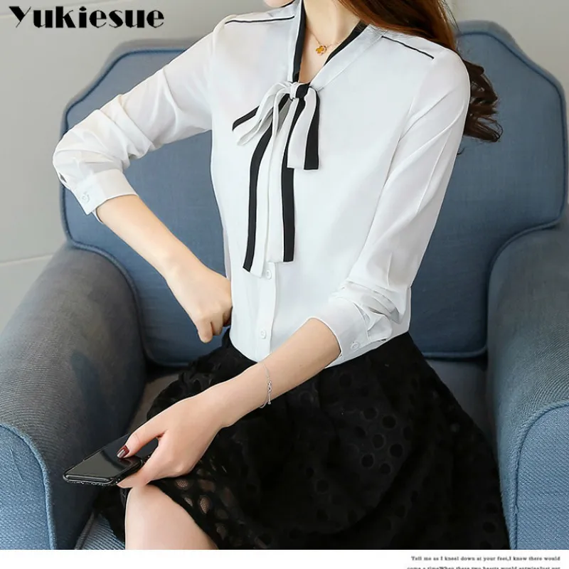 Женская шифоновая блузка с длинным рукавом однотонная Свободная бантом в